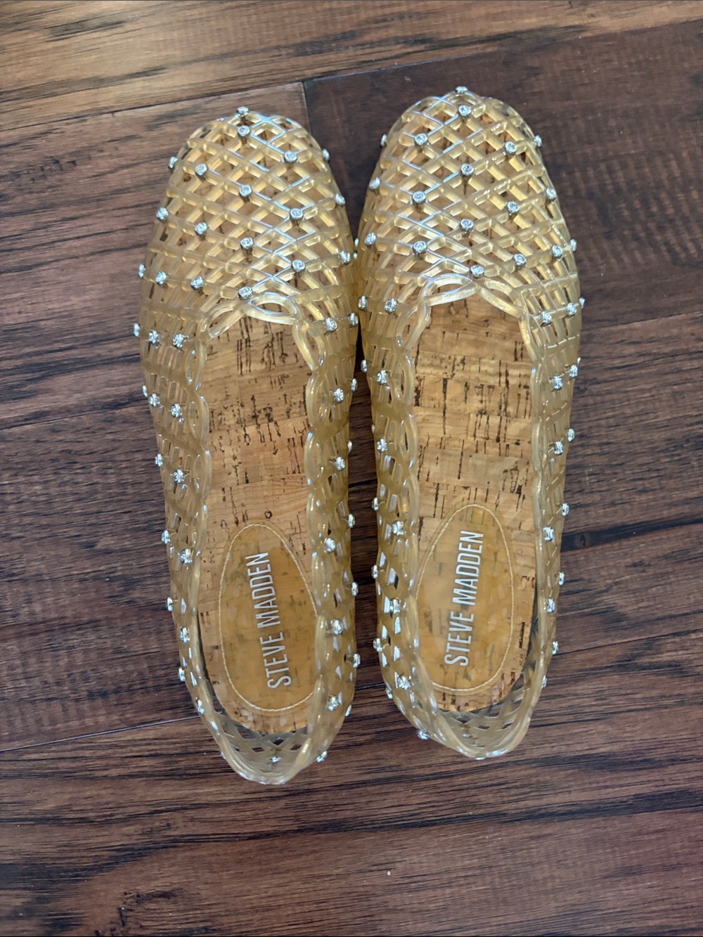 Steve Madden Translucent Amber Jelly Flats with Crystal Studs